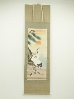 JAPANESE HANGING SCROLL / HAND PAINTED / TURTLE WITH CRANE 